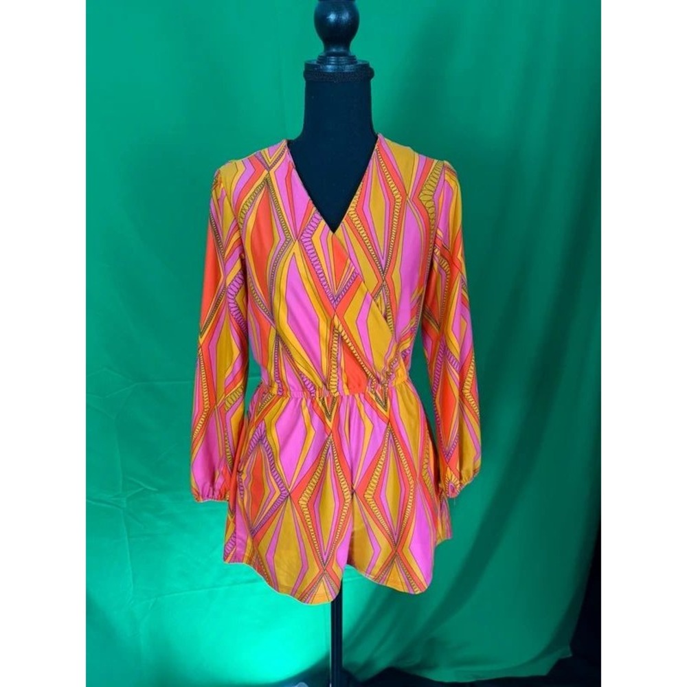 Jude Connally Romper XS Pink Orange Geometric Long Sleeve Stretch USA Made - Picture 3 of 11